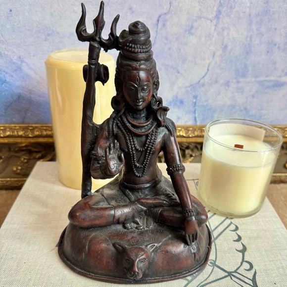 Lord Shiva 8.5” Tall Meditation Statue Trident Dark Bronze Resin Wood Look